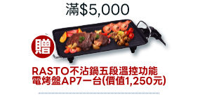 滿$5000贈RASTO不沾鍋五段溫控功能電烤盤AP7一台(價值1250元)