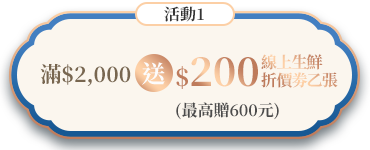 活動1:滿2,000送200元線上生鮮折價劵乙張(最高贈600元)