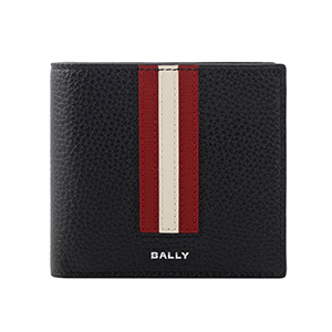 【BALLY】Ribbon 紅白條紋牛皮對開8卡短夾(黑色)