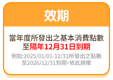 效期：當年度所發出之基本消費點數至隔年12月31日到期(例如:2024/01/01-12/31所發出之點數至2026/12/31到期，依此類推)。